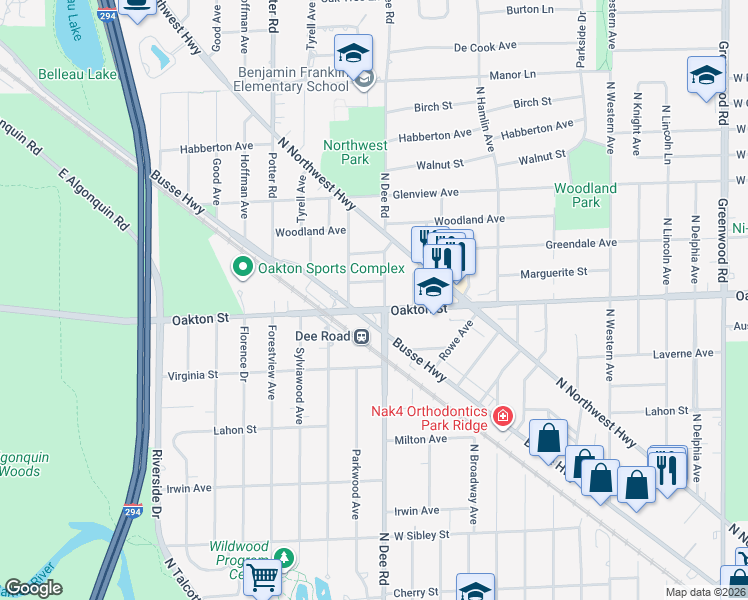 map of restaurants, bars, coffee shops, grocery stores, and more near 1013 North Dee Road in Park Ridge