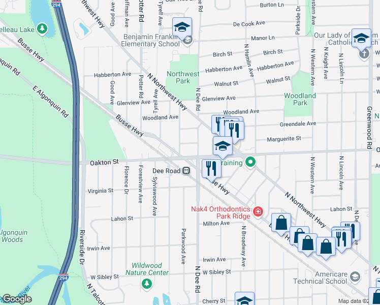 map of restaurants, bars, coffee shops, grocery stores, and more near 2325 Edna Avenue in Park Ridge