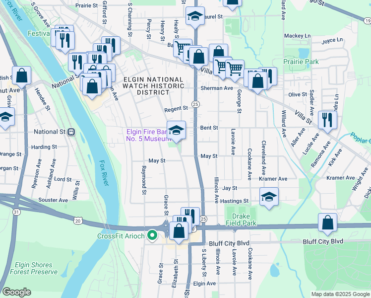 map of restaurants, bars, coffee shops, grocery stores, and more near 537 Arlington Avenue in Elgin