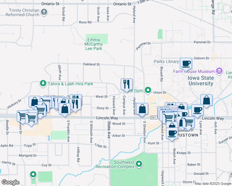 map of restaurants, bars, coffee shops, grocery stores, and more near 2921 Woodland Street in Ames