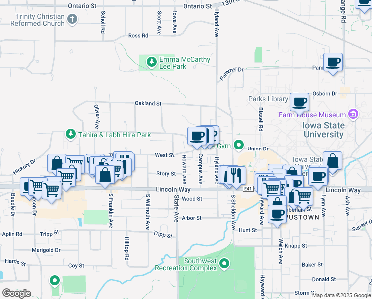 map of restaurants, bars, coffee shops, grocery stores, and more near 2921 Woodland Street in Ames