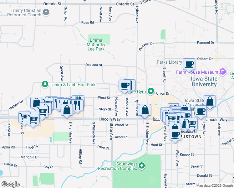 map of restaurants, bars, coffee shops, grocery stores, and more near 2921 Woodland Street in Ames