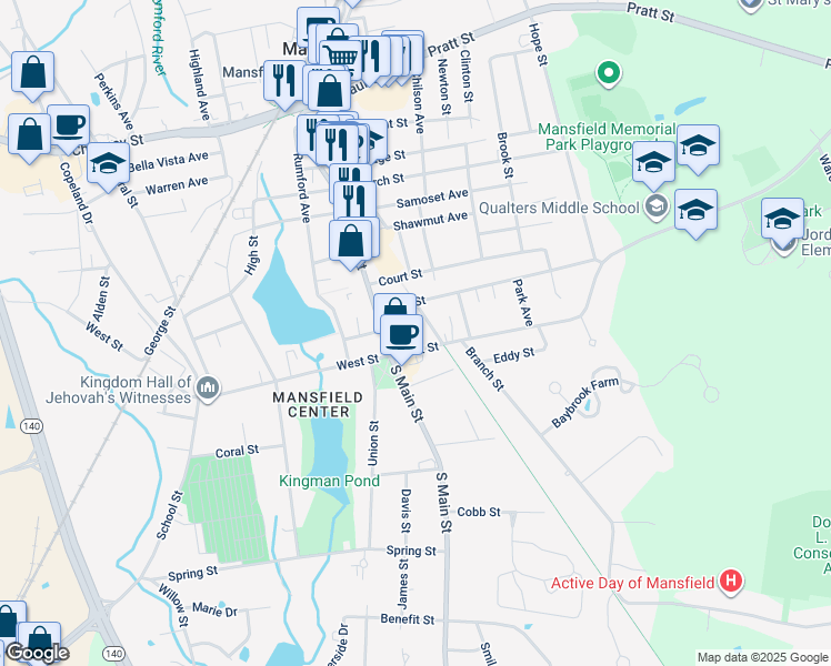 map of restaurants, bars, coffee shops, grocery stores, and more near 12 Fairfield Park in Mansfield