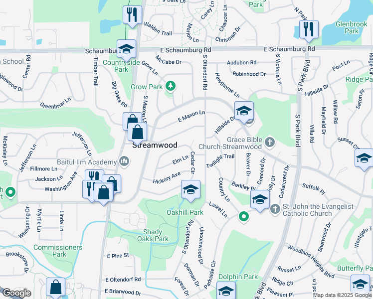 map of restaurants, bars, coffee shops, grocery stores, and more near 316 Cedar Circle in Streamwood