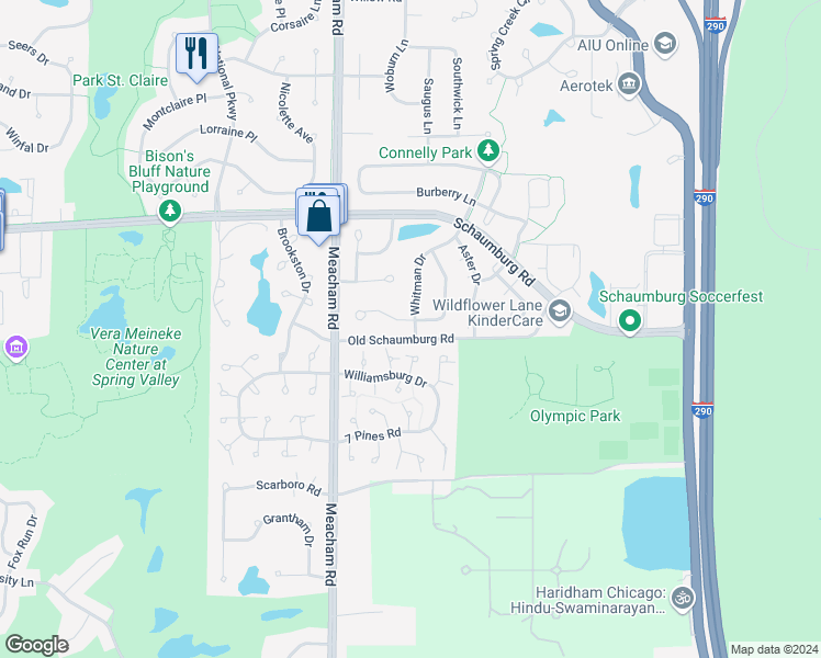 map of restaurants, bars, coffee shops, grocery stores, and more near 1525 Whitman Court in Schaumburg