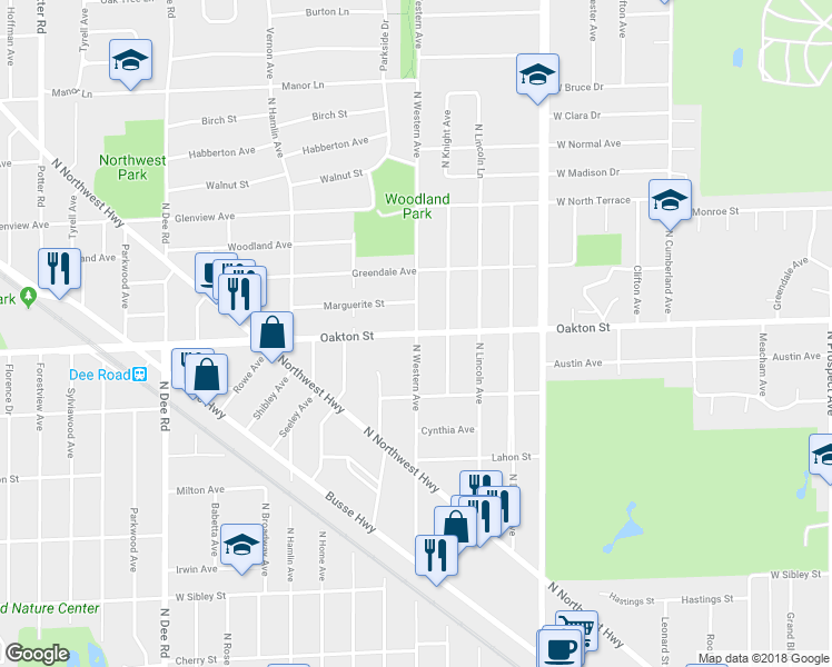 map of restaurants, bars, coffee shops, grocery stores, and more near 1501 Oakton Street in Park Ridge
