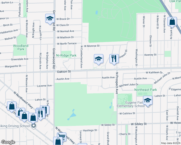 map of restaurants, bars, coffee shops, grocery stores, and more near 725 Oakton Street in Park Ridge