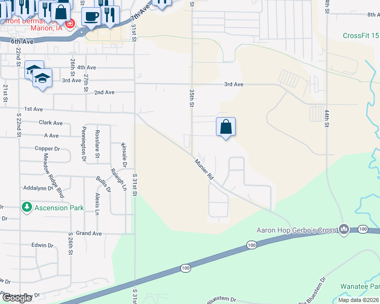 map of restaurants, bars, coffee shops, grocery stores, and more near 3350 Munier Road in Marion