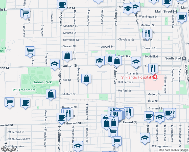 map of restaurants, bars, coffee shops, grocery stores, and more near 415 Ashland Avenue in Evanston