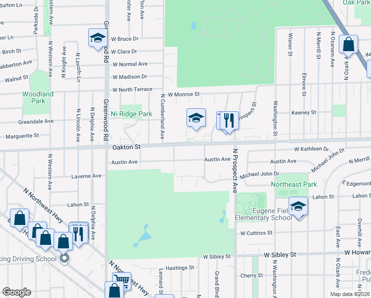 map of restaurants, bars, coffee shops, grocery stores, and more near 725 Oakton Street in Park Ridge