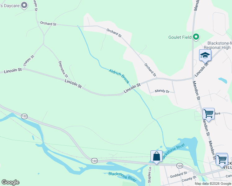 map of restaurants, bars, coffee shops, grocery stores, and more near 282 Lincoln Street in Blackstone