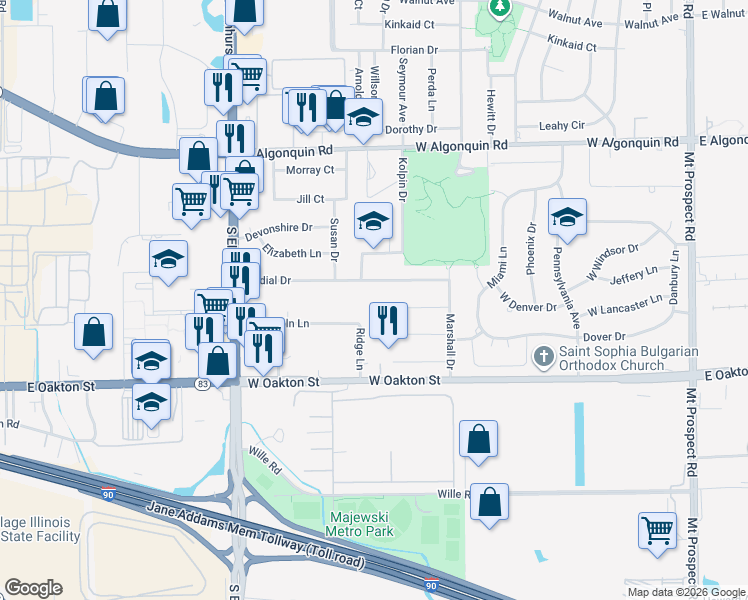 map of restaurants, bars, coffee shops, grocery stores, and more near 526 Courtesy Ln in Des Plaines