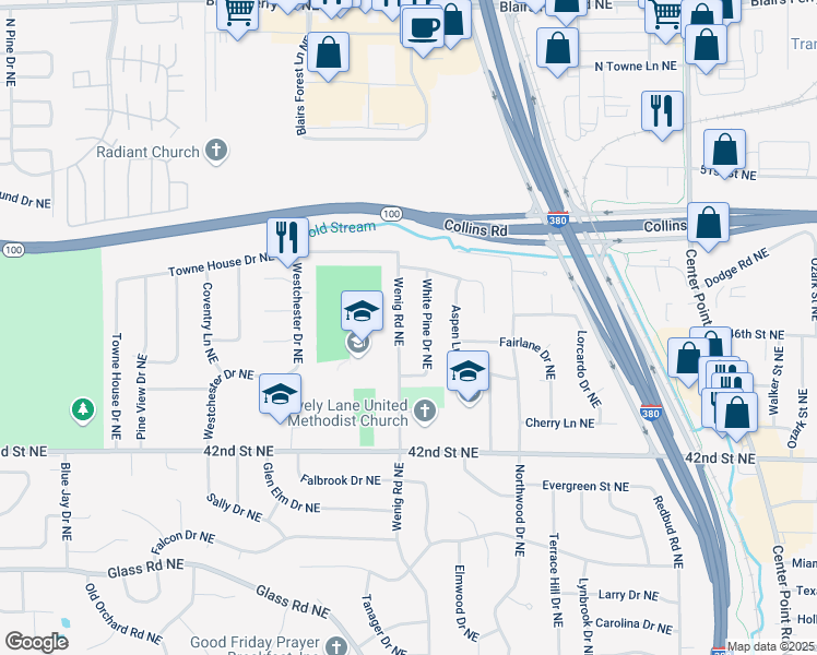 map of restaurants, bars, coffee shops, grocery stores, and more near 4601 White Pine Drive Northeast in Cedar Rapids