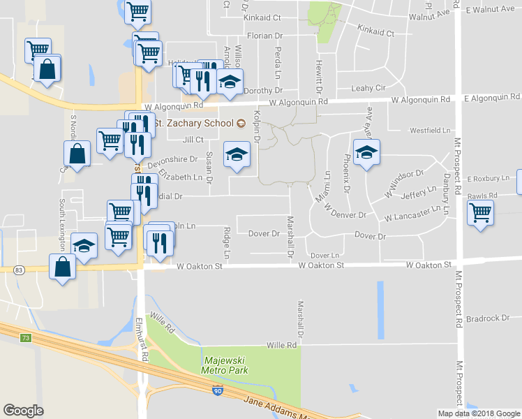 map of restaurants, bars, coffee shops, grocery stores, and more near 456 Courtesy Lane in Des Plaines