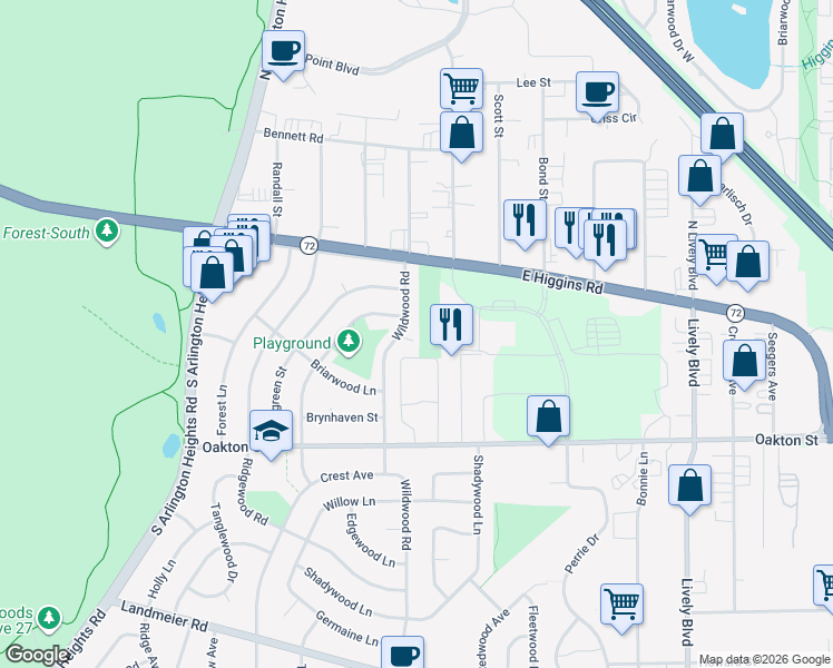 map of restaurants, bars, coffee shops, grocery stores, and more near 602 Lindale St in Elk Grove Village