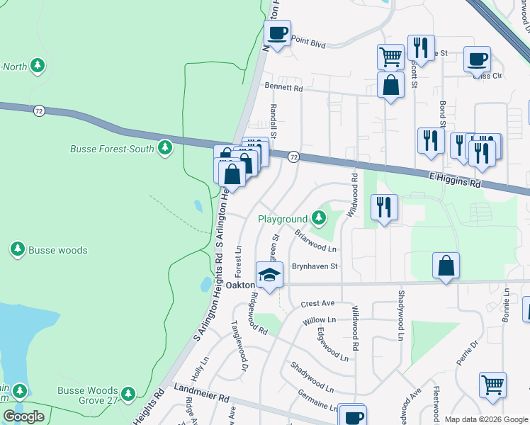 map of restaurants, bars, coffee shops, grocery stores, and more near 48 Ridgewood Road in Elk Grove Village