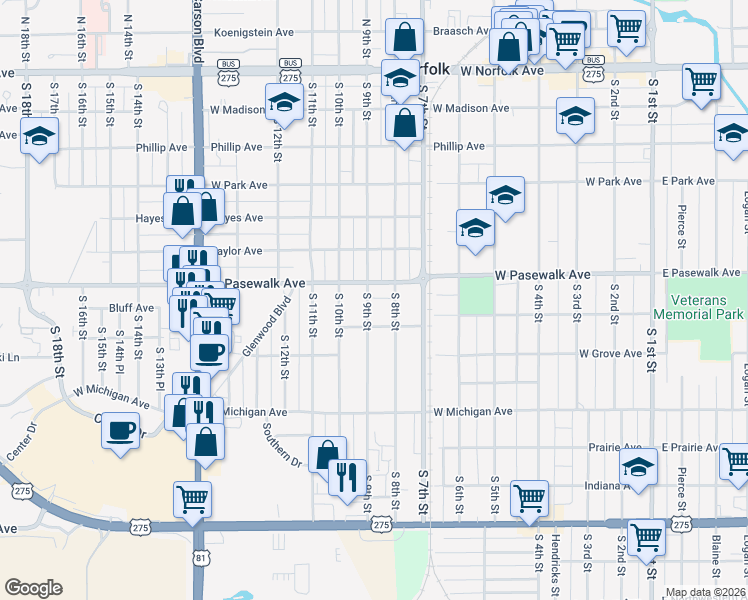 map of restaurants, bars, coffee shops, grocery stores, and more near 705 South 9th Street in Norfolk