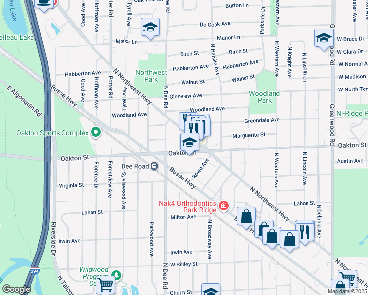 map of restaurants, bars, coffee shops, grocery stores, and more near 2112 Oakton Street in Park Ridge