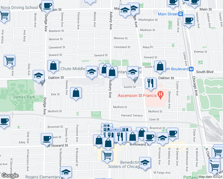 map of restaurants, bars, coffee shops, grocery stores, and more near 1226 Austin Street in Evanston