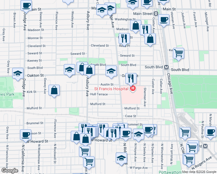 map of restaurants, bars, coffee shops, grocery stores, and more near 1102 Austin Street in Evanston