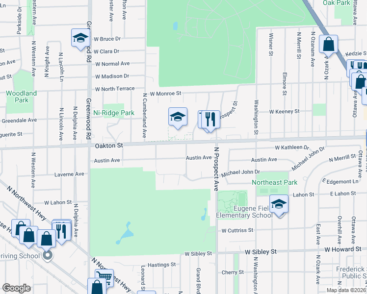map of restaurants, bars, coffee shops, grocery stores, and more near 948 Meacham Avenue in Park Ridge