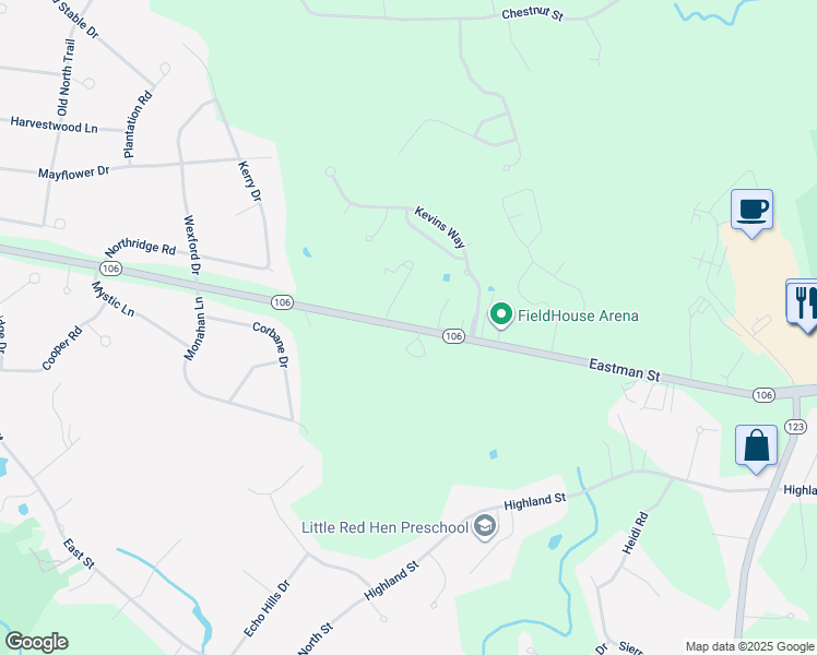 map of restaurants, bars, coffee shops, grocery stores, and more near 117 Eastman Street in Easton