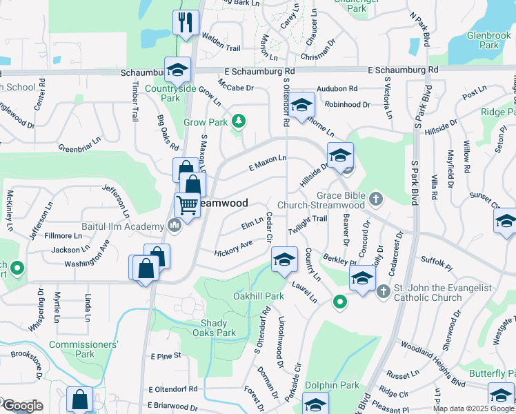 map of restaurants, bars, coffee shops, grocery stores, and more near 316 Cedar Circle in Streamwood