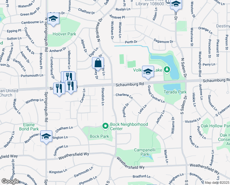 map of restaurants, bars, coffee shops, grocery stores, and more near 12 South Braintree Drive in Schaumburg
