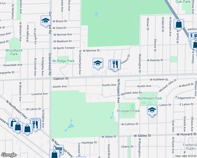 map of restaurants, bars, coffee shops, grocery stores, and more near 948 Meacham Avenue in Park Ridge