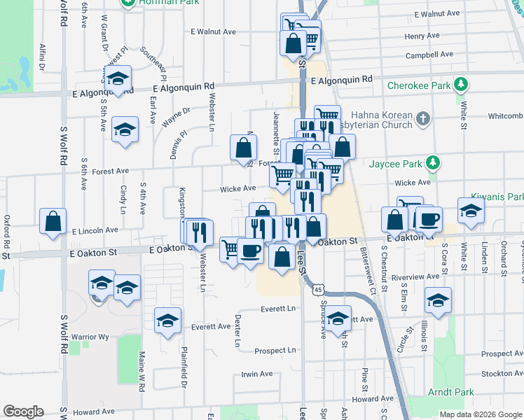 map of restaurants, bars, coffee shops, grocery stores, and more near 1080 Executive Way in Des Plaines