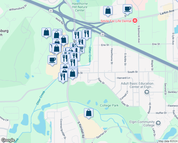 map of restaurants, bars, coffee shops, grocery stores, and more near 300 Nautical Way in Elgin