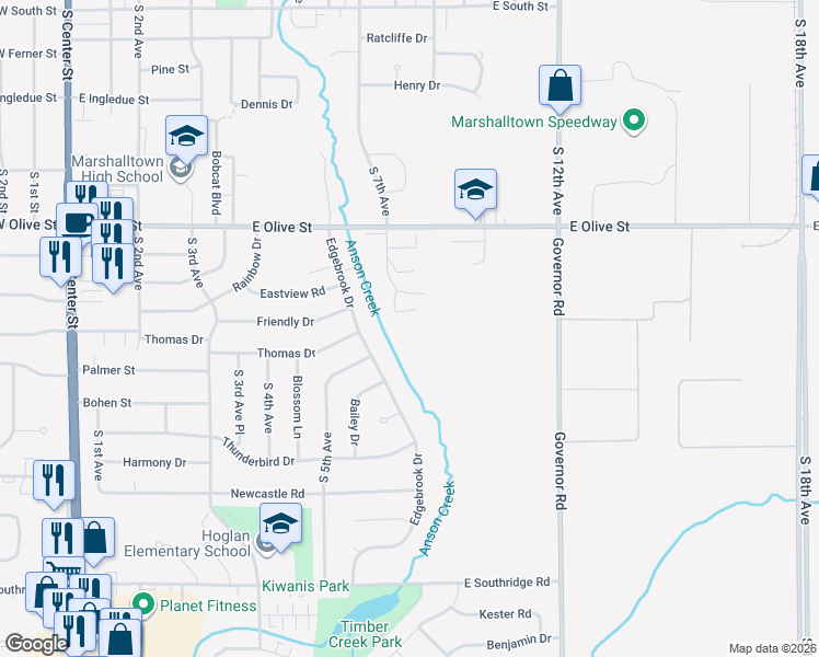 map of restaurants, bars, coffee shops, grocery stores, and more near 906 Benjamin Drive in Marshalltown