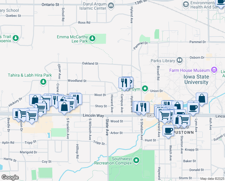 map of restaurants, bars, coffee shops, grocery stores, and more near 2921 Woodland Street in Ames