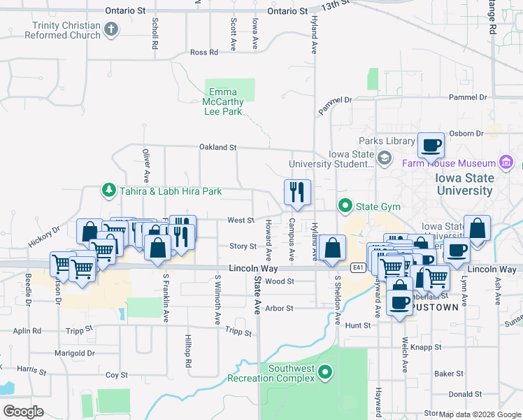map of restaurants, bars, coffee shops, grocery stores, and more near 2921 Woodland Street in Ames