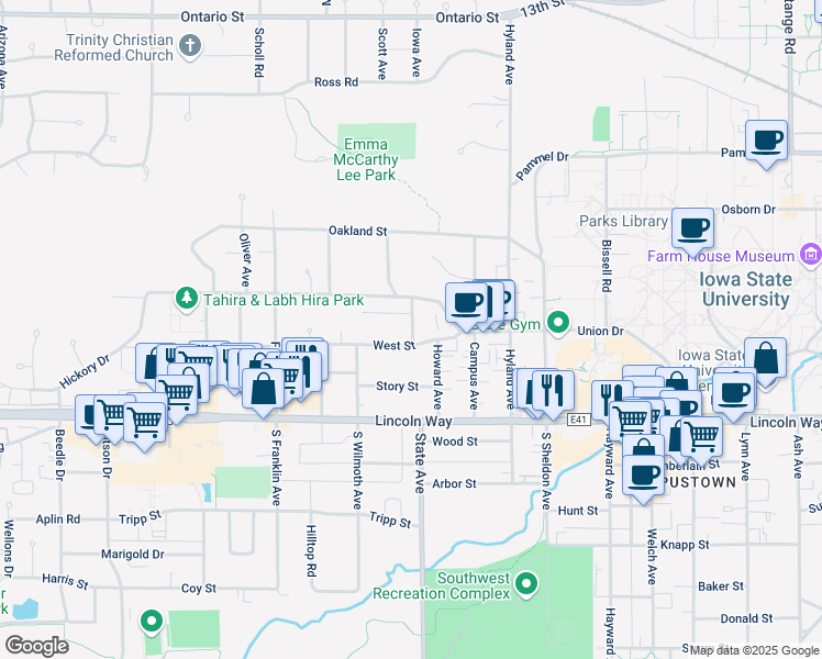 map of restaurants, bars, coffee shops, grocery stores, and more near 3112 Ellis Street in Ames