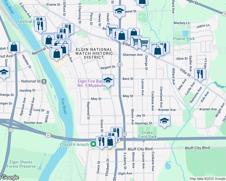 map of restaurants, bars, coffee shops, grocery stores, and more near 537 Arlington Avenue in Elgin