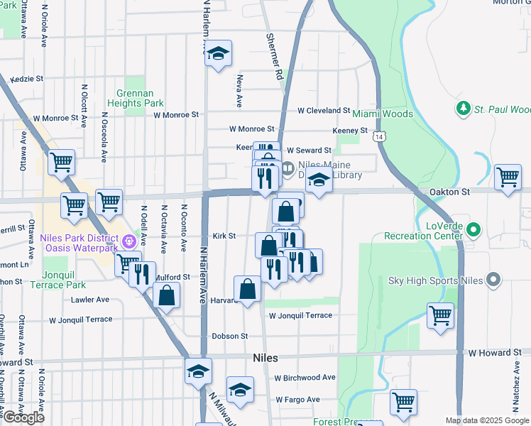 map of restaurants, bars, coffee shops, grocery stores, and more near 7932 North Waukegan Road in Niles
