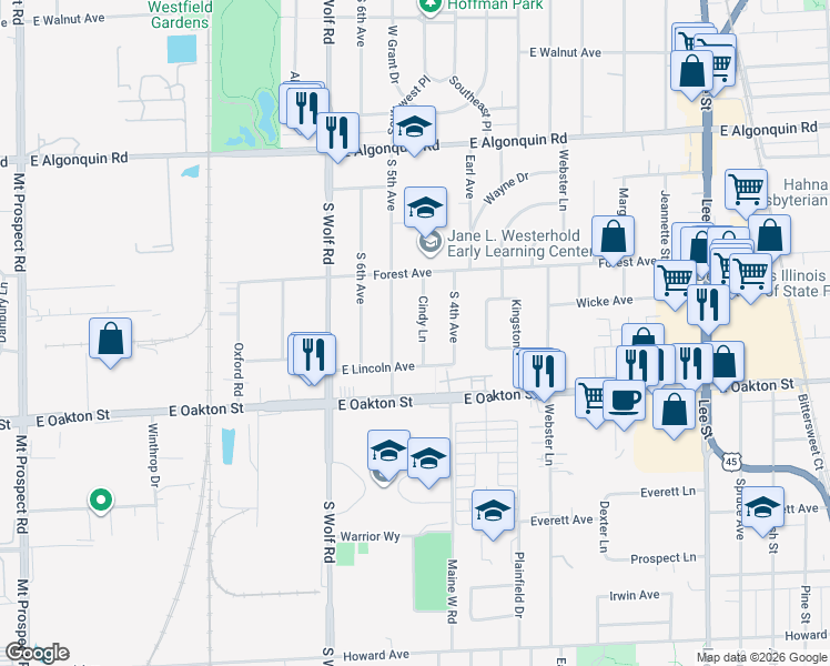map of restaurants, bars, coffee shops, grocery stores, and more near 1484 Cindy Lane in Des Plaines