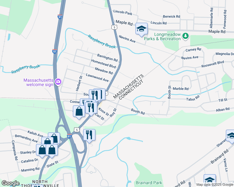 map of restaurants, bars, coffee shops, grocery stores, and more near 34 Elm Avenue in Longmeadow