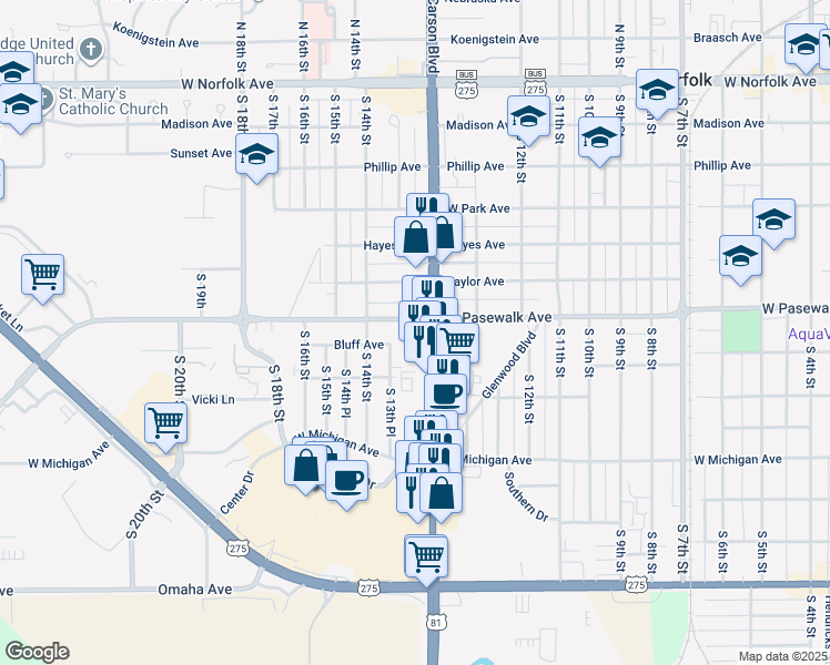 map of restaurants, bars, coffee shops, grocery stores, and more near 665-865 Johnny Carson Blvd in Norfolk