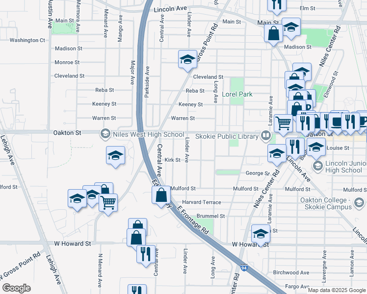 map of restaurants, bars, coffee shops, grocery stores, and more near 7924 Linder Avenue in Morton Grove