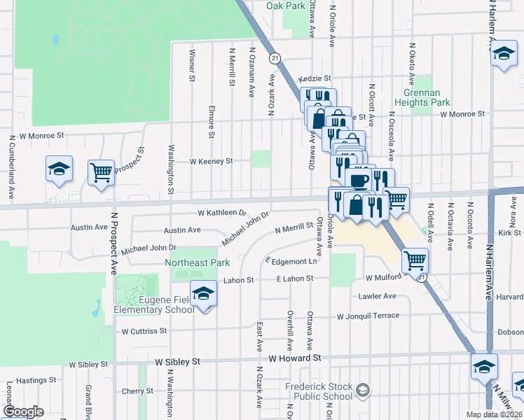 map of restaurants, bars, coffee shops, grocery stores, and more near 146 Michael John Drive in Park Ridge