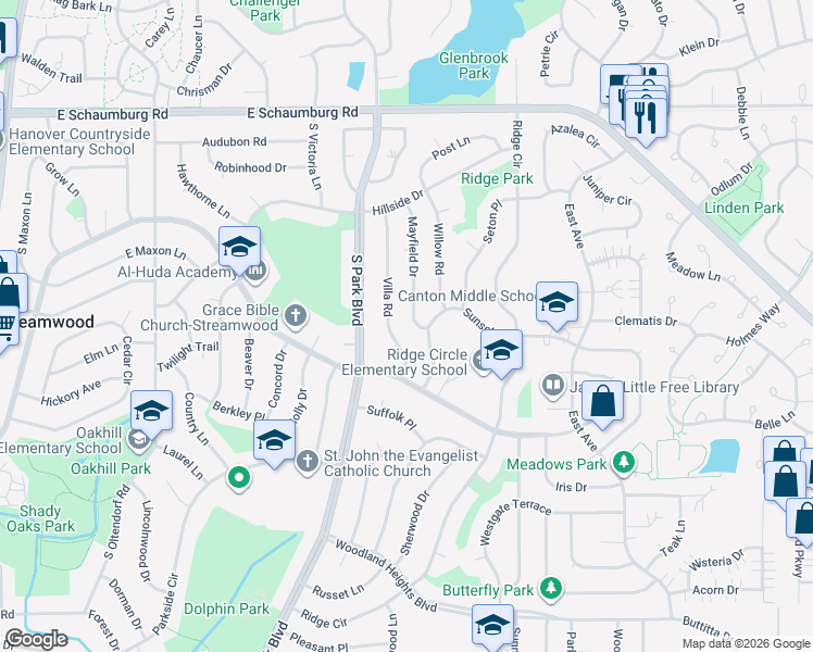 map of restaurants, bars, coffee shops, grocery stores, and more near 220 Mayfield Dr in Streamwood