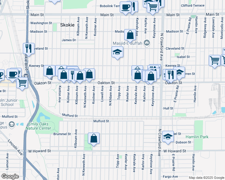 map of restaurants, bars, coffee shops, grocery stores, and more near 7935 North Kildare Avenue in Skokie