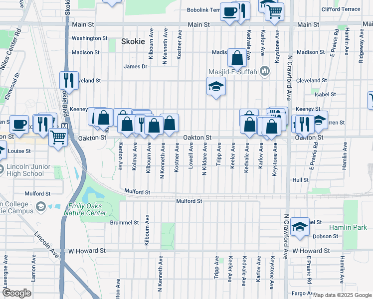 map of restaurants, bars, coffee shops, grocery stores, and more near 7937 Lowell Avenue in Skokie