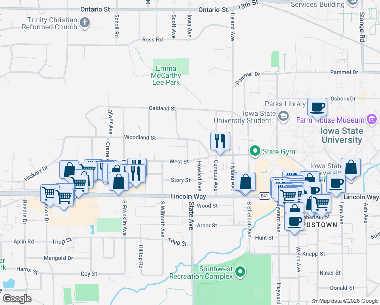 map of restaurants, bars, coffee shops, grocery stores, and more near 312 Hillcrest Avenue in Ames