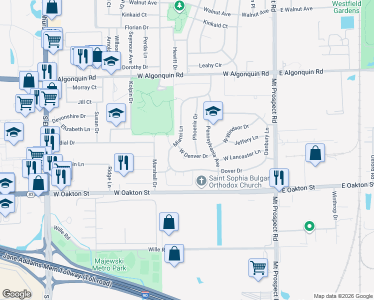 map of restaurants, bars, coffee shops, grocery stores, and more near 300 West Denver Drive in Des Plaines