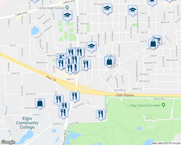 map of restaurants, bars, coffee shops, grocery stores, and more near 302 South Clifton Avenue in Elgin