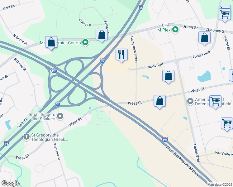 map of restaurants, bars, coffee shops, grocery stores, and more near 777 Mansfield Street in Mansfield