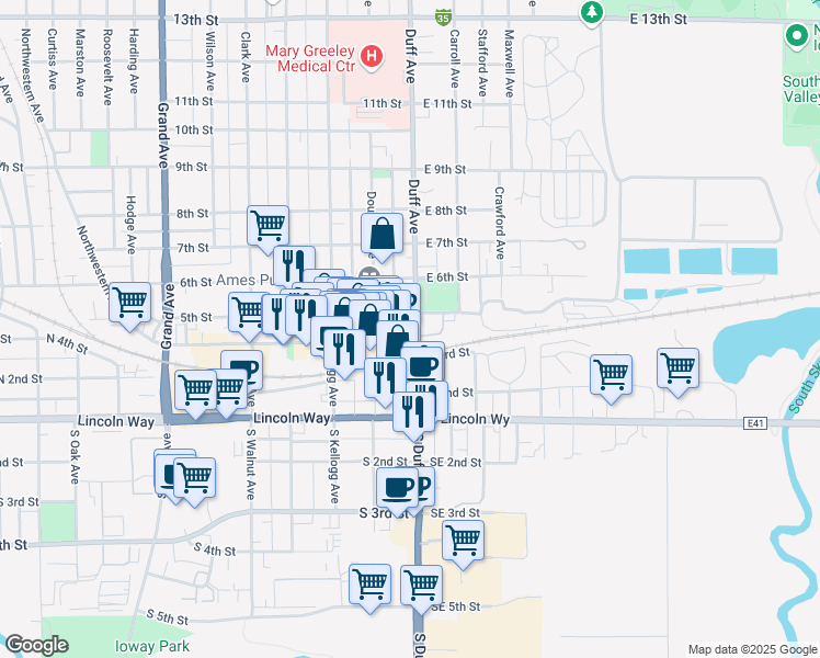 map of restaurants, bars, coffee shops, grocery stores, and more near 101 Main Street in Ames